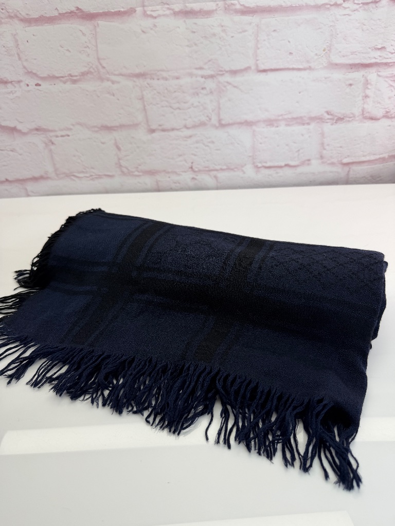 Gucci Navy Blue Wool Silk Fringe Gg Diamante Large Shawl Scarf